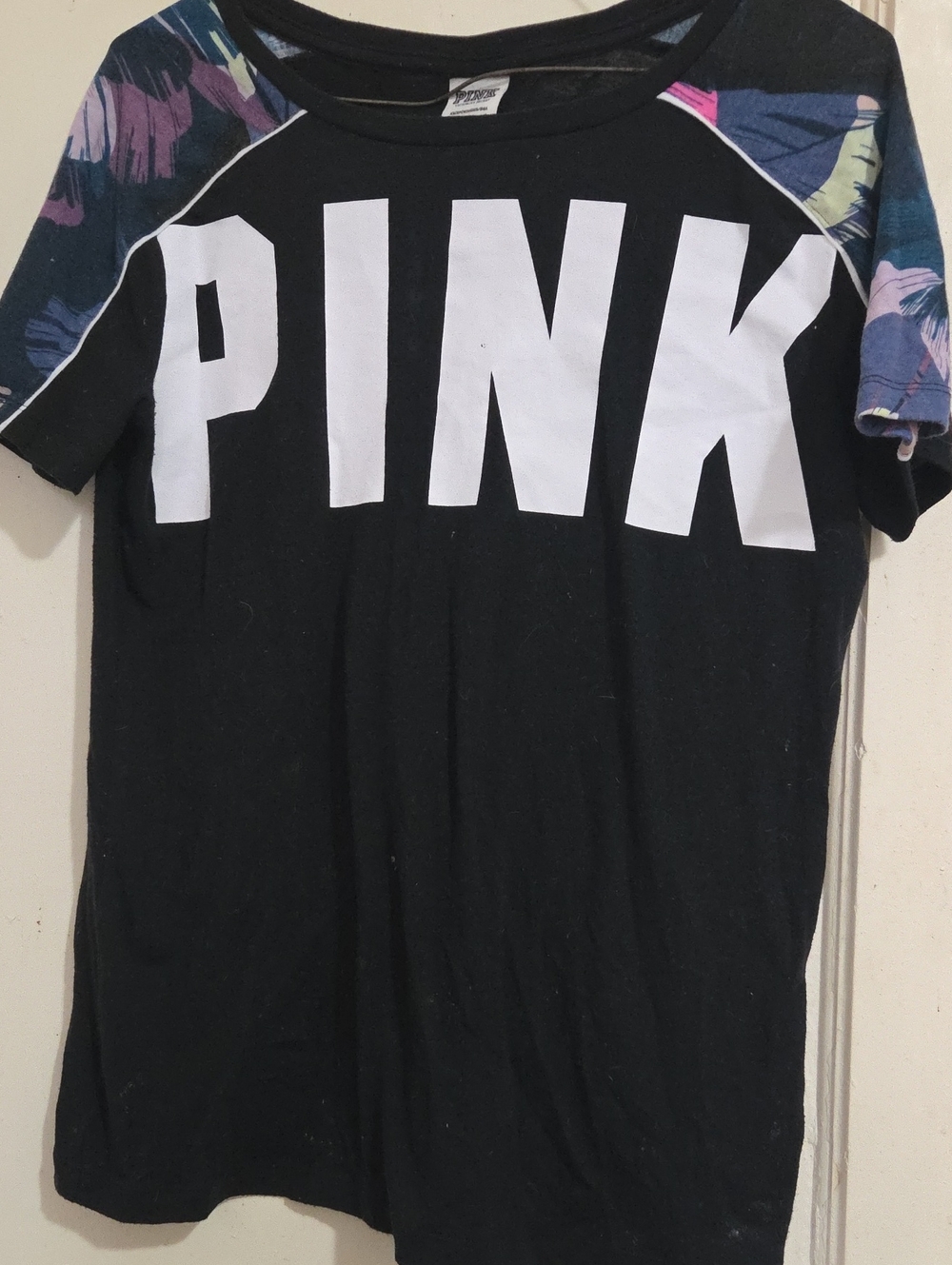 PINK Victoria's Secret Black Tee with Floral Raglan Sleeves